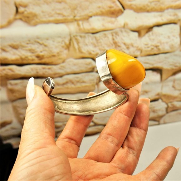 BOLD AMBER 925 SILVER ASYMMETRICAL BRACELET, Egg Yolk Amber Stone, Rare to Find - Picture 3 of 10